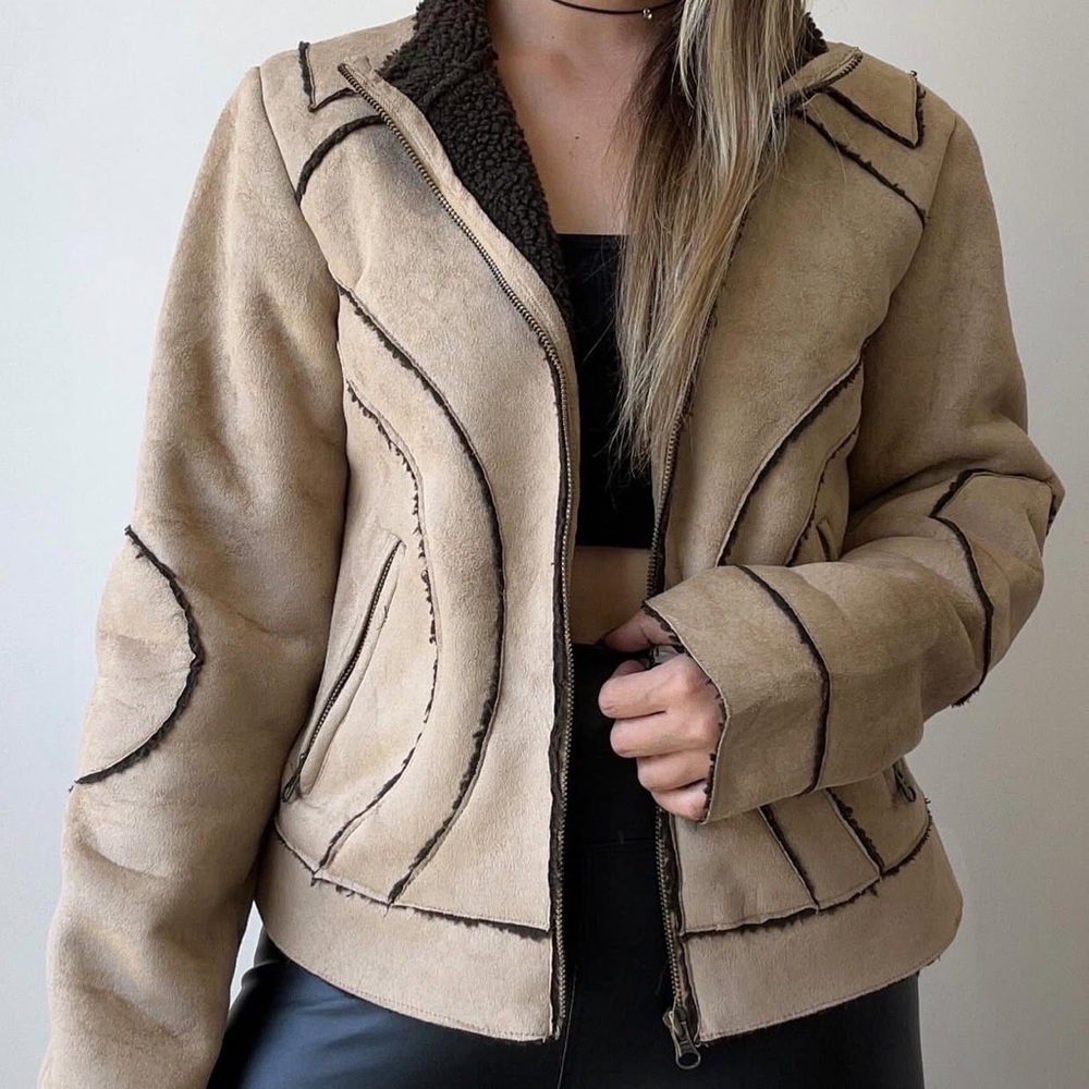 Pow Wow Tan Faux Suede Leather Sherpa Jacket | M